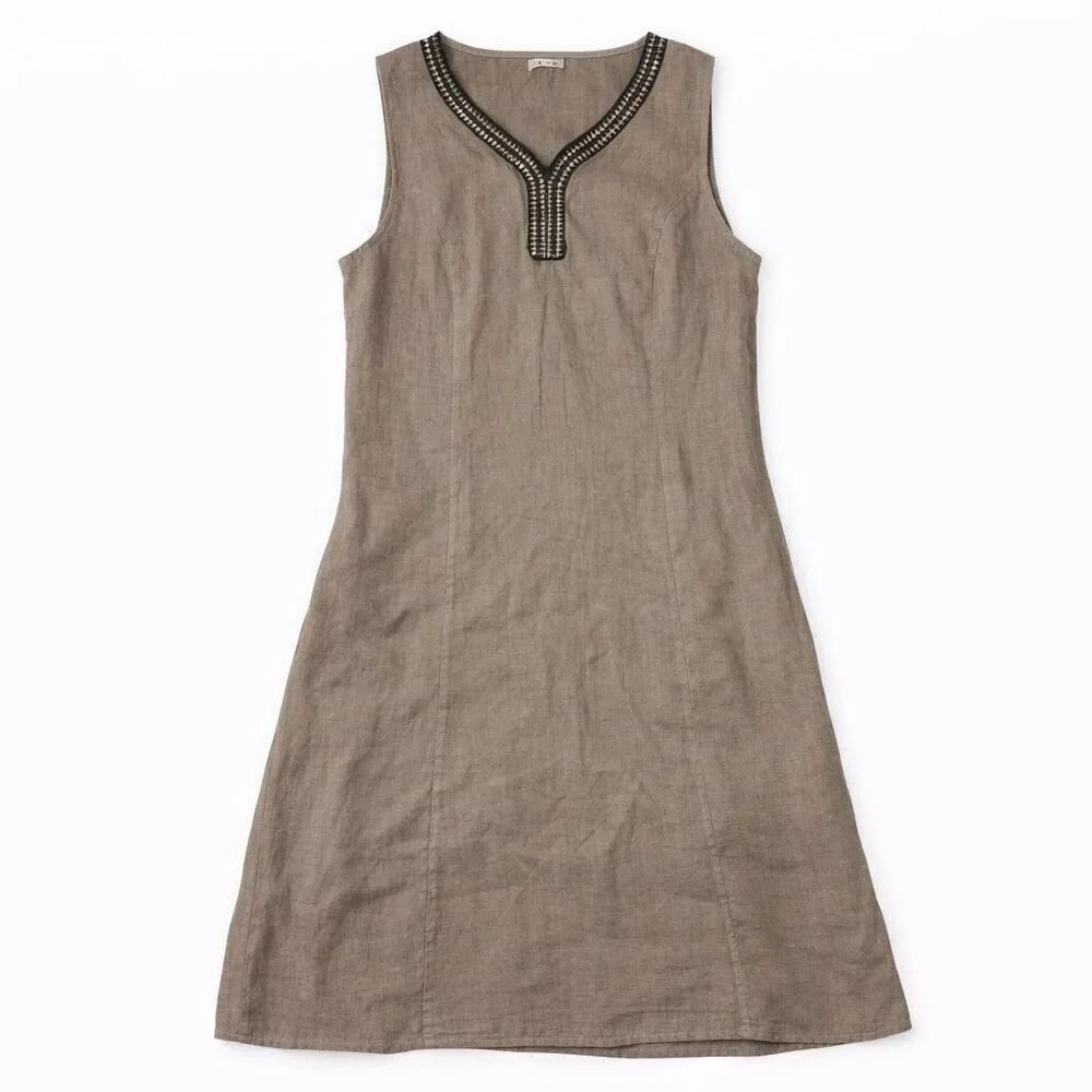 Lina Tomei Linen Dress Boho Studded Resort Italy Sleeveless V Neck Midi Beige M